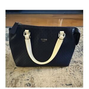 GUESS Women’s Navy Satchel Top Handle Bag Zip Closure White Handles Pebbled